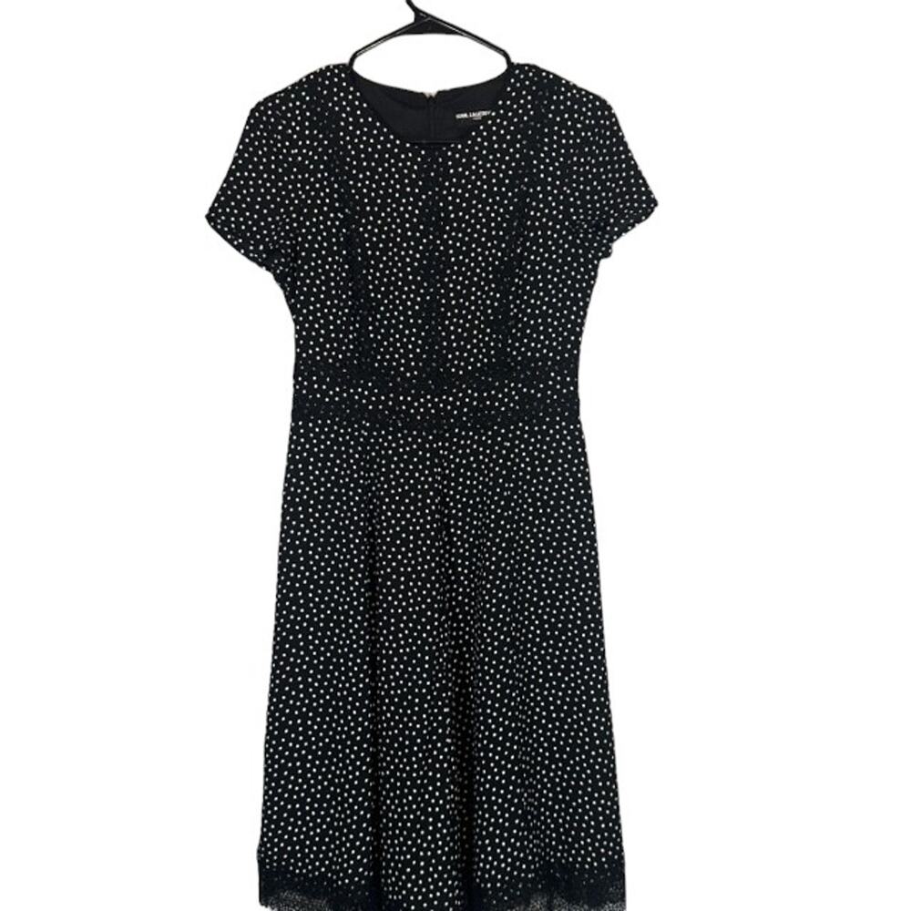 Karl Lagerfeld Black Polka Dot Short Sleeve Embroidered Dress Women Sz S